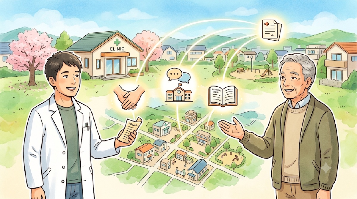 白衣の院長と年配の男性が、地域の街並みを俯瞰した図を挟んで向かい合うイラスト。二人のあいだを、握手・学校・話し合い・書類のアイコンが光の線で結んでいる。