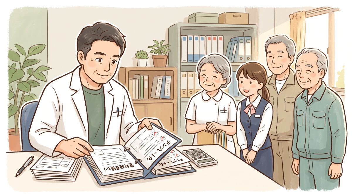 書類のとじ込みを開いて示す院長と、机の上の書類の束や電卓、傍らでそれを見るスタッフたちを描いたイラスト。