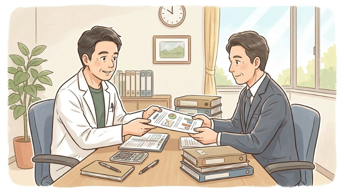 机をはさんで白衣の院長とスーツ姿の銀行の担当者が向かい合い、グラフの入った1枚の書類を受け渡している。机の上には電卓とペン、書類の束とファイルが並び、奥の壁には時計と風景画が掛かっているイラスト。