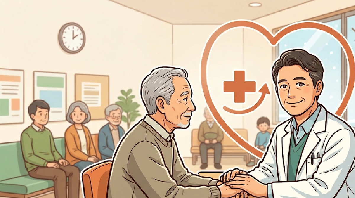 診察の場で高齢の患者の手を取る院長のイラスト。背景に待合室で順番を待つ人たちと窓の外の雪、手前に心臓を思わせるハートと十字のマークが描かれている。