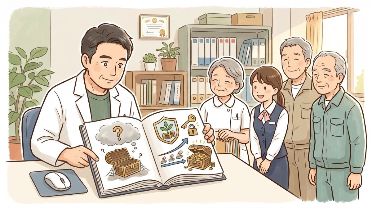 退職金の規程と積み立てについて、スタッフに説明する院長のイラスト