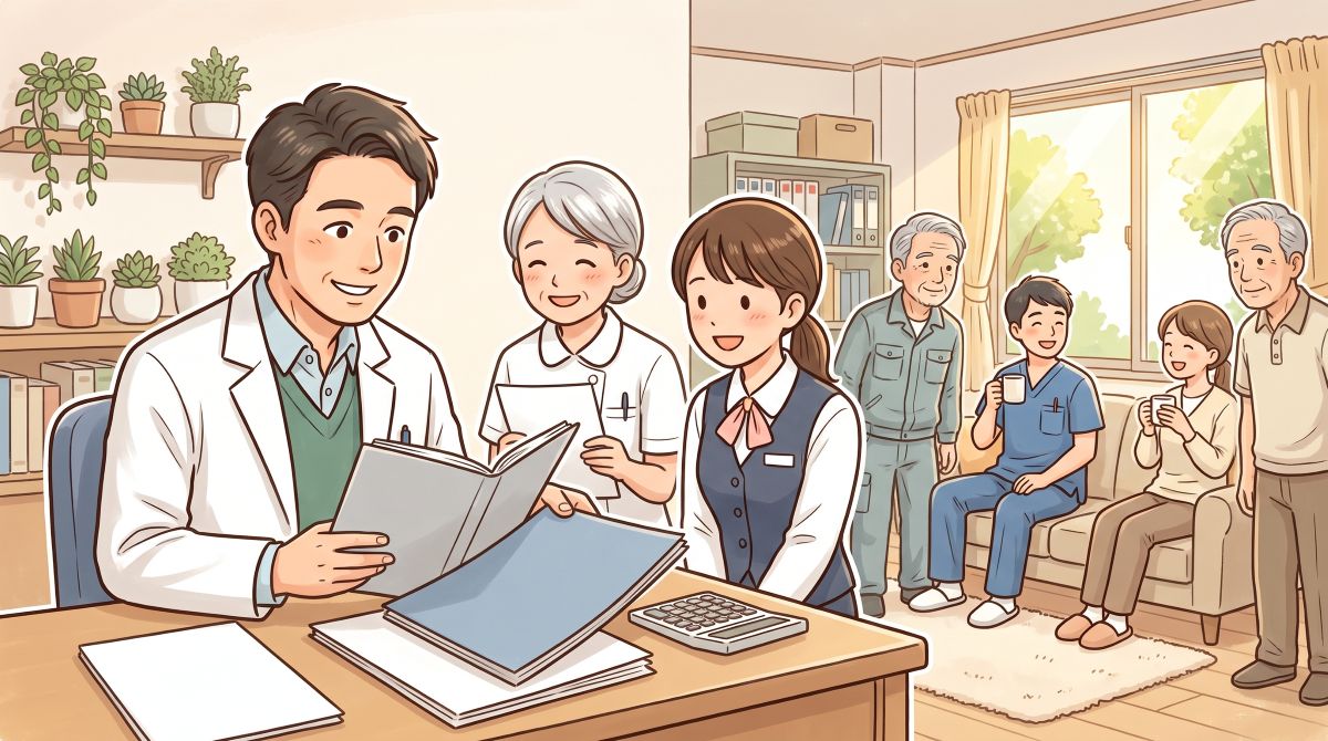 白衣の院長が机で綴じた書類に目を通し、そばでスタッフが笑顔で見守っている。机の上には書類の束とファイル、電卓が並び、奥の明るいスタッフルームでは、マグカップを手にくつろぐスタッフたちの姿が見えるイラスト。